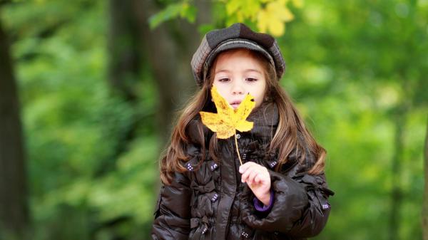 Free cute girl is having yellow leaf in hand wearing black jacket and cap in green blur background hd cute wallpaper download