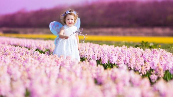 Free cute little fairy angel girl is standing in the middle of colorful flowes wearing white dress in blur background hd cute wallpaper download