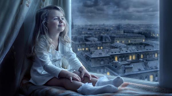 Free cute little girl is sitting near window watching outside wearing white frock hd cute wallpaper download