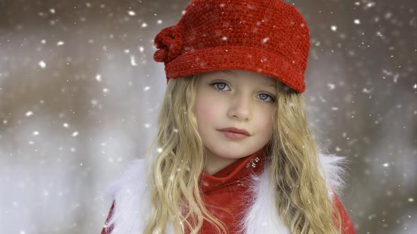 Free cute little girl is wearing red dress and knit wool cap in a snowy background hd cute wallpaper download