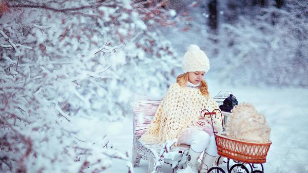 Free cute little girl is wearing white woolen knitted cap and dress in snow forest background hd cute wallpaper download