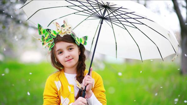 Free cute little girl is wearing yellow dress under the umbrella having butterfly clips on head in rain drops background hd cute wallpaper download