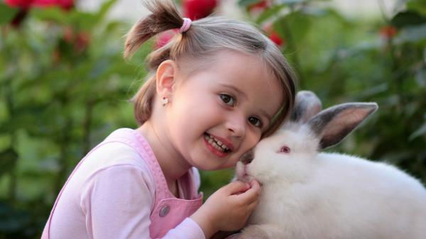 Free cute smiley baby girl is wearing pink dress and giving a pose for photo having rabbit in hand 4k hd cute wallpaper download