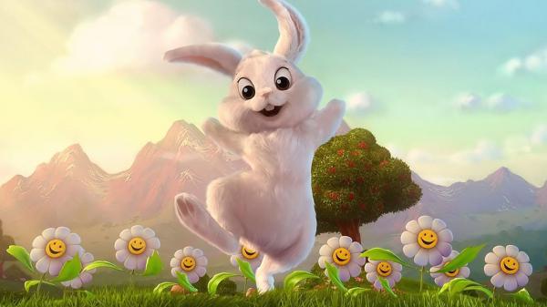 Free cute white rabbit is dancing on green grass around white flowers hd animals wallpaper download