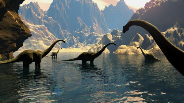 Free dinosaurs are standing on water around mountain hd dinosaur wallpaper download