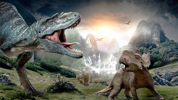 Free dinosaurs with background of mountain waterfalls and sunset hd dinosaur wallpaper download