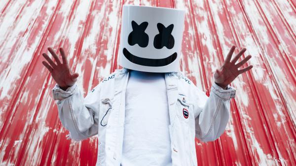 Free dj marshmello in red wall background wearing white dress 4k 5k hd marshmello wallpaper download