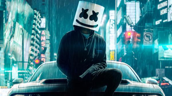 Free dj marshmello is sitting on car wearing black dress hd marshmello wallpaper download