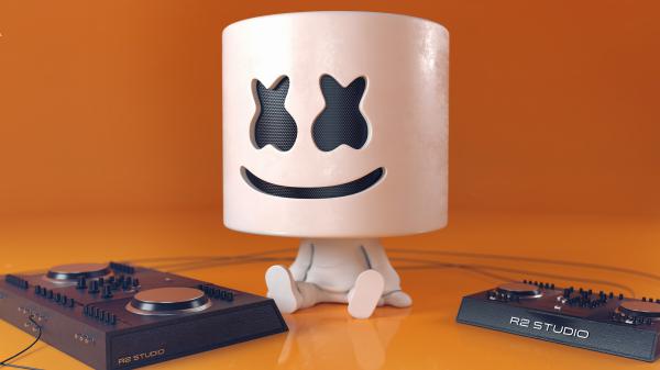 Free dj marshmello toy with electronic music instrument in orange background 4k hd marshmello wallpaper download