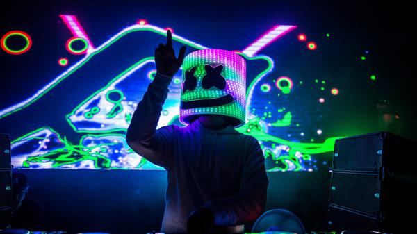 Free dj marshmello with colorful led light helmet wearing white dress hd marshmello wallpaper download