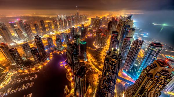 Free dubai buildings night lights top view 5k wallpaper download