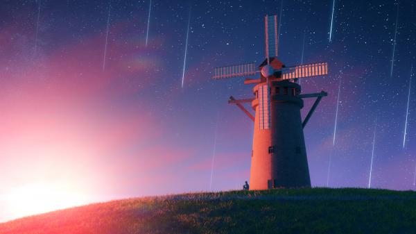 Free falling stars sky above man made windmill hd travel wallpaper download