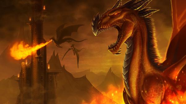 Free fantasy big and small dragons are breathing fire on castle hd dreamy wallpaper download