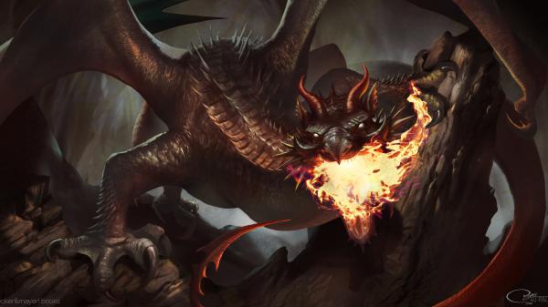 Free fantasy big black dragon is breathing a fire on rock 4k 5k hd dreamy wallpaper download