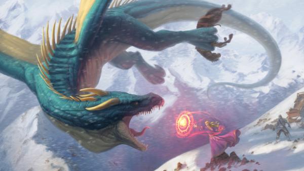Free fantasy big blue dragon is roaring in front of a woman hd dreamy wallpaper download