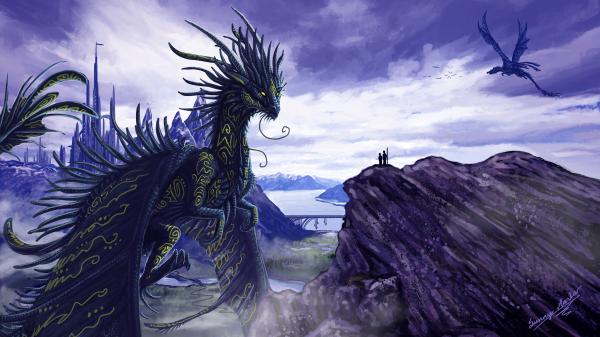 Free fantasy big dark blue dragon is standing in front of people 4k 8k hd dreamy wallpaper download
