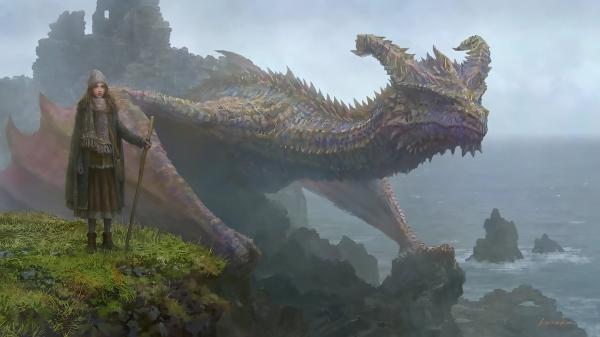 Free fantasy big dragon is standing near a cute girl hd dreamy wallpaper download