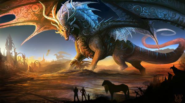 Free fantasy big dragon is standing near people hd dreamy wallpaper download
