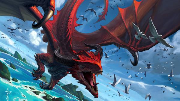 Free fantasy big red dragon is flying along with birds hd dreamy wallpaper download