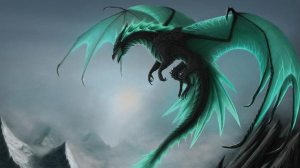 Free fantasy black and green dragon is flying above on mountain hd dreamy wallpaper download