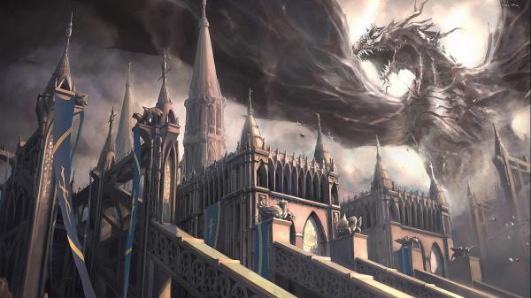 Free fantasy black dragon is sitting on a castle hd dreamy wallpaper download