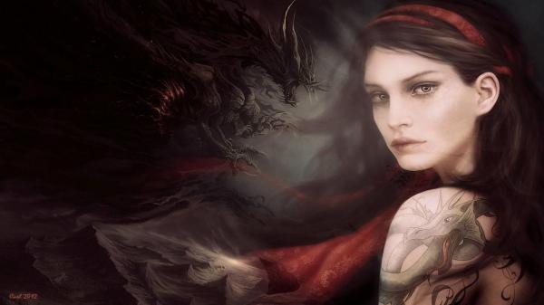 Free fantasy black dragon near a woman hd dreamy wallpaper download