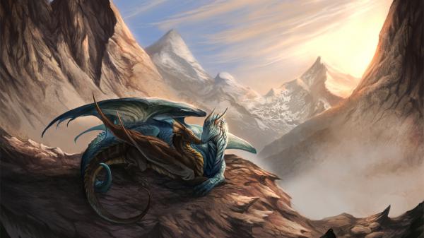 Free fantasy blue and brown dragons are sitting on mountain hd dreamy wallpaper download