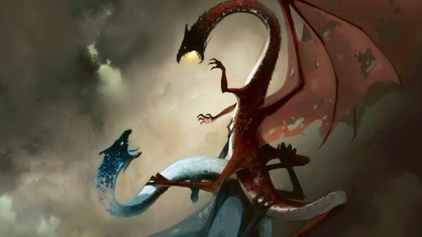 Free fantasy blue and red dragons are fighting hd dreamy wallpaper download