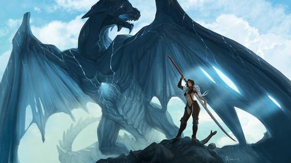 Free fantasy blue dragon beside a woman hd dreamy wallpaper download