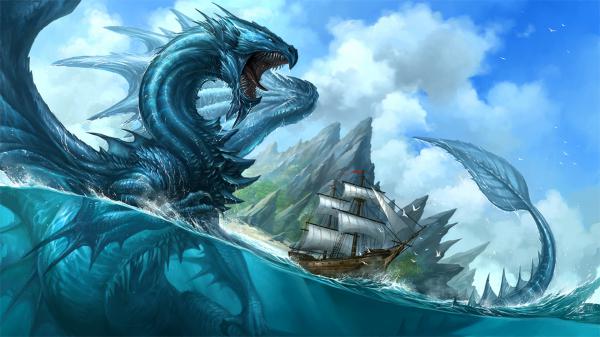 Free fantasy blue dragon is floating on water hd dreamy wallpaper download