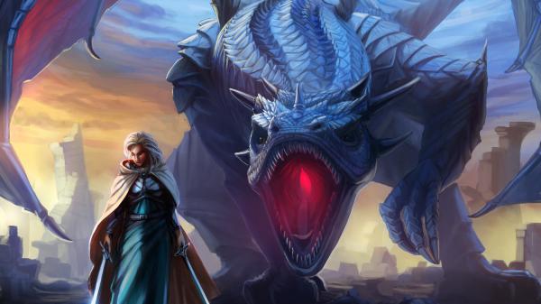 Free fantasy blue dragon is roaring beside a man 4k 5k hd dreamy wallpaper download