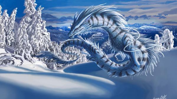 Free fantasy blue dragon is sitting on a snow 4k 5k hd dreamy wallpaper download