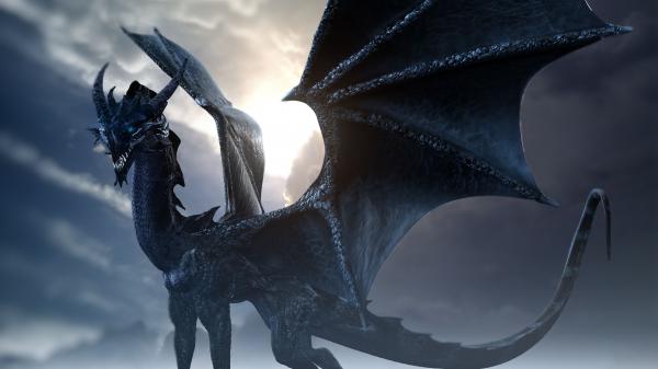 Free fantasy blue dragon is standing in a background of white and blue sky 4k hd dreamy wallpaper download