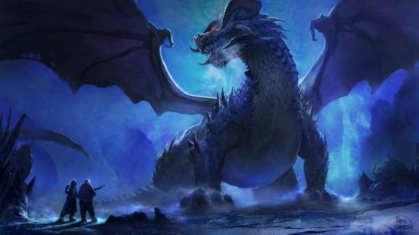 Free fantasy blue dragon is standing near two men hd dreamy wallpaper download