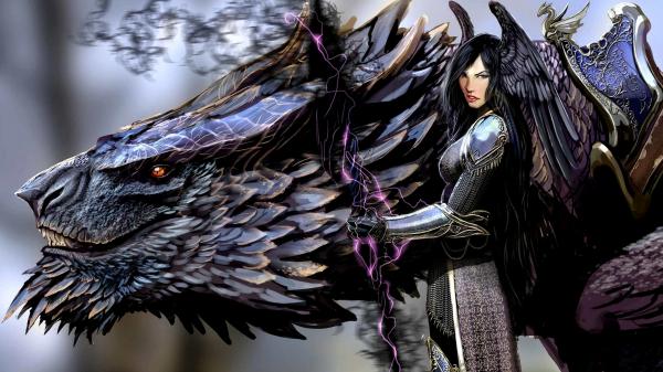 Free fantasy dragon beside a woman hd dreamy wallpaper download