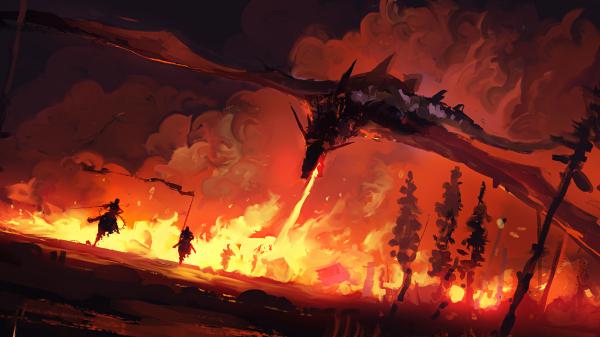 Free fantasy dragon is breathing a fire on ground hd dreamy wallpaper download