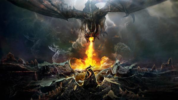 Free fantasy dragon is breathing a fire to man 4k 5k hd dreamy wallpaper download