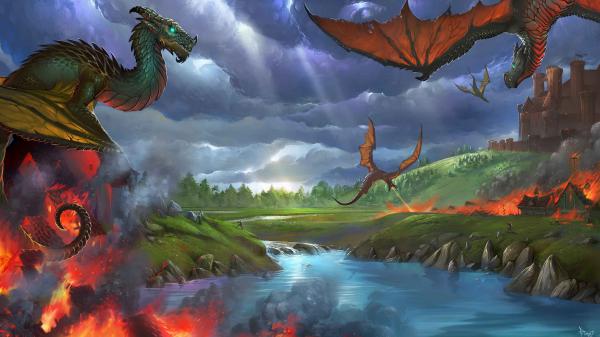 Free fantasy dragon is breathing fire on castle 4k hd dreamy wallpaper download