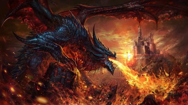 Free fantasy dragon is breathing fire on castle hd dreamy wallpaper download