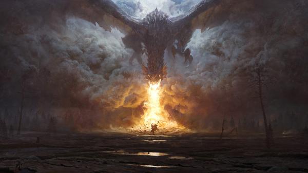 Free fantasy dragon is breathing fire on land hd dreamy wallpaper download