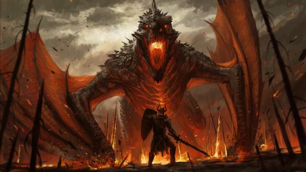 Free fantasy dragon is breathing fire on soldier hd dreamy wallpaper download