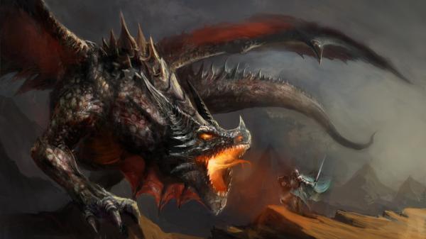 Free fantasy dragon is breathing fire on solider hd dreamy wallpaper download