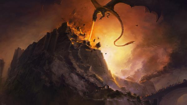 Free fantasy dragon is flying above and breathing fire on castle hd dreamy wallpaper download