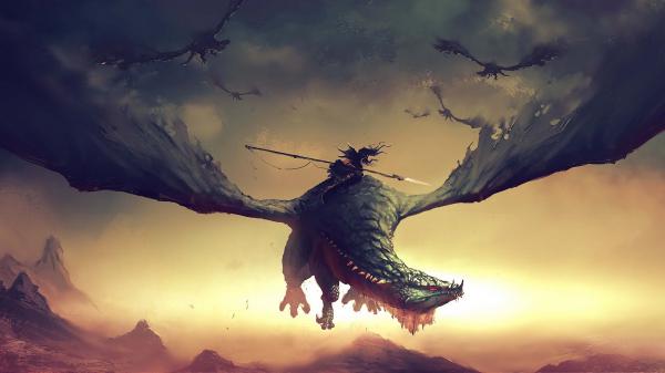 Free fantasy dragon is flying above with a man on back hd dreamy wallpaper download