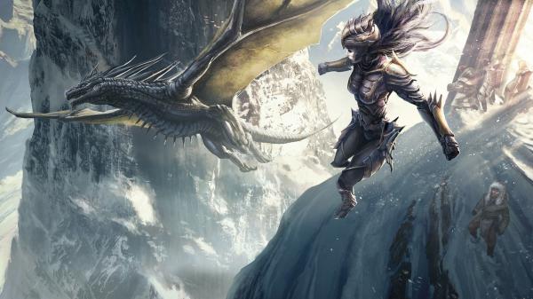 Free fantasy dragon is flying along with a girl on top of body of water hd dreamy wallpaper download