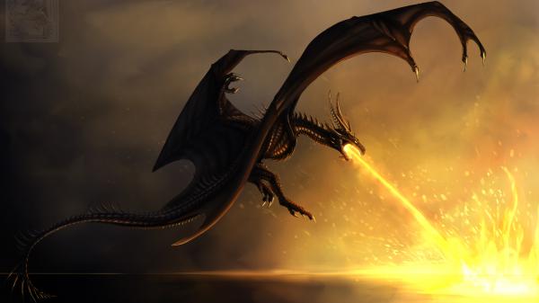 Free fantasy dragon is flying high and breathing a fire down hd dreamy wallpaper download