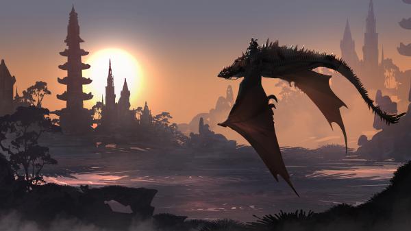 Free fantasy dragon is flying high having man on back 4k 5k hd dreamy wallpaper download