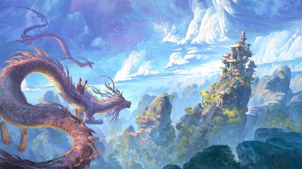 Free fantasy dragon is having people on back sitting near castle hd dreamy wallpaper download