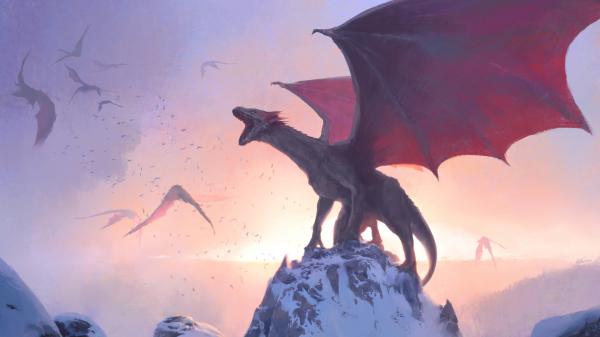 Free fantasy dragon is roaring and standing on top of snowy mountain hd dreamy wallpaper download