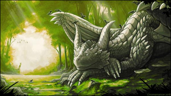 Free fantasy dragon is sitting in green leaves background 4k hd dreamy wallpaper download